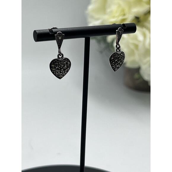 Sterling Silver 925 Marcasite Heart Drop Dangle Pierced Earrings - Picture 4 of 15